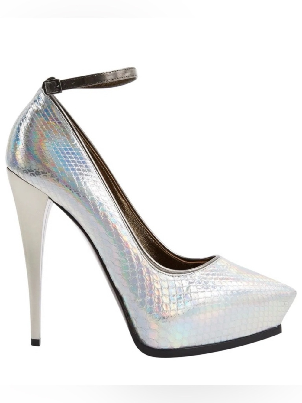 $1,495~LANVIN~Holographic Silver Python Pointed-Toe Platform Pumps~7/7.5/37.5